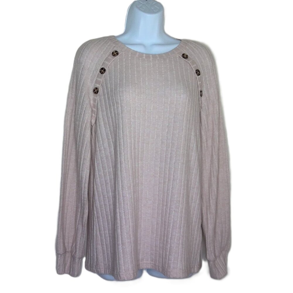 Automet Knit Top Ribbed Soft Long Sleeve Pink / Cream Casual Pullover Stretch  M